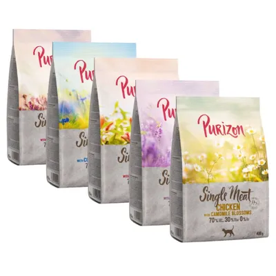 Cinco bolsas de pienso Purizon Single Meat para gatos, variedad Chicken with Camomile Blossoms visible en primer plano, texto: 70 % carne, 30 % frutas y verduras, 0 % cereales, 400 g.