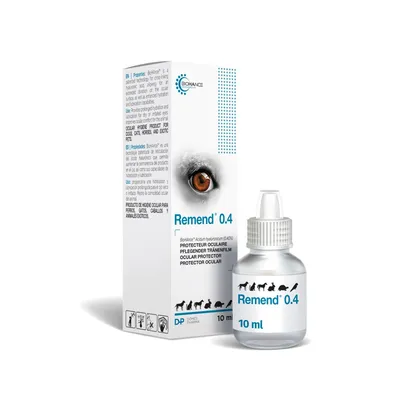 Remend 0.4 protecteur oculaire, flacon de 10 ml et boîte avec texte multilingue, silhouettes de chien, chat, cheval, lapin, oiseau, rongeur visibles sur l’emballage.