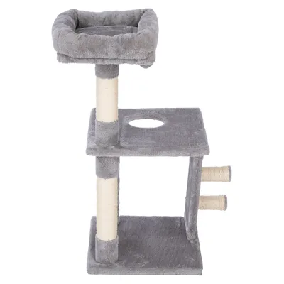 Grey scratching post with three levels, a top lying surface, sisal posts and two side scratching rollers.