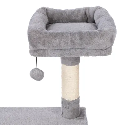Grey scratching post with padded lying surface, sisal scratching column and hanging play ball.