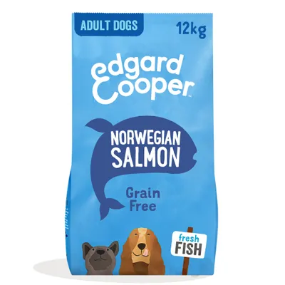 Edgard Cooper Norwegian Salmon hondenvoer, 12 kg, voor volwassen honden, Grain Free, fresh fish. Tekst op verpakking in het Engels.