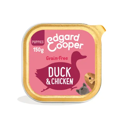 Edgard & Cooper Puppies 150g Grain-Free Duck & Chicken natvoer, roze verpakking met eend silhouet en illustraties van hondjes zichtbaar op de voorkant.