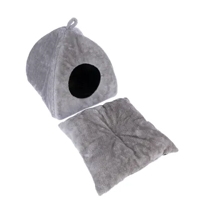 Grey, soft pet house with round entrance and removable cushion. Suitable as a sleeping place or retreat.