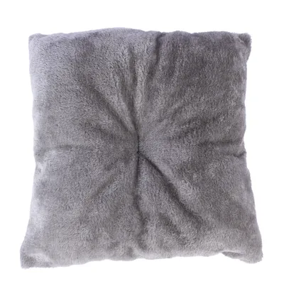 Grey square cushion with a soft, plush surface.