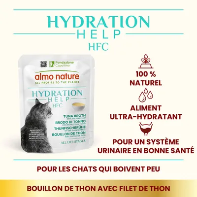 almo nature Hydration Help HFC bouillon de thon avec 25 % filet de thon, 100 % naturel, aliment ultra-hydratant, pour les chats qui boivent peu, pour un système urinaire en bonne santé