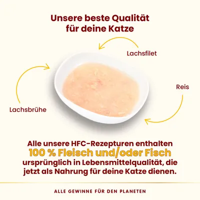 Unsere beste Qualität für deine Katze: Lachsfilet, Reis und Lachsbrühe. HFC-Rezepturen mit 100% Fleisch und/oder Fisch in Lebensmittelqualität. Alle Gewinne für den Planeten.