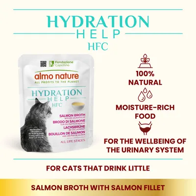 Almo Nature Hydration Help HFC salmon broth with salmon fillet, 100% natural, moisture-rich food for the wellbeing of the urinary system, suitable for cats that drink little.