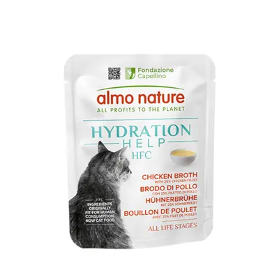 Almo Nature Hydration Help HFC пилешки бульон с 25% пилешко филе. Съставки, подходящи първоначално за човешка консумация, сега котешка храна. За всички възрасти.