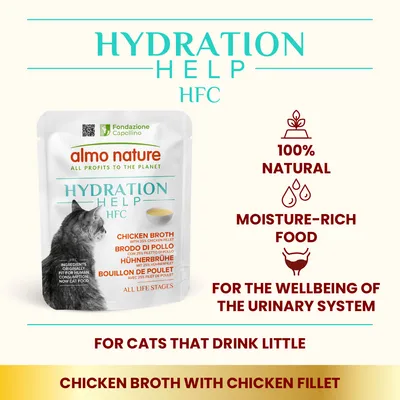 almo nature HYDRATION HELP HFC, kurací vývar s 25 % kuracieho filé. 100 % natural, moisture-rich food, for the wellbeing of the urinary system, for cats that drink little, chicken broth with chicken fillet