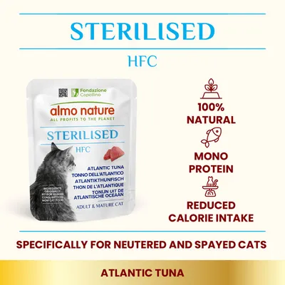 Sterilised Atlantic tuna food, 100% natural, mono protein, reduced calorie intake, specifically for neutered and spayed cats. Adult and mature cat product shown.