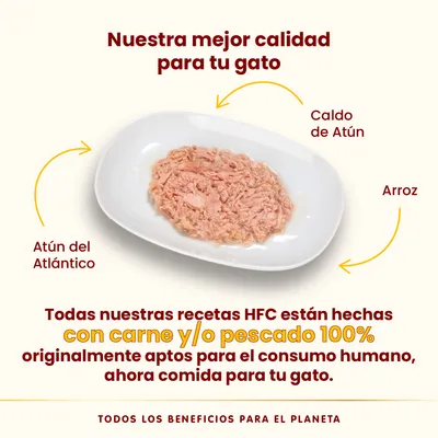 Nuestra mejor calidad para tu gato. Atún del Atlántico, caldo de atún y arroz. Todas nuestras recetas HFC están hechas con carne y/o pescado 100% aptos para consumo humano.