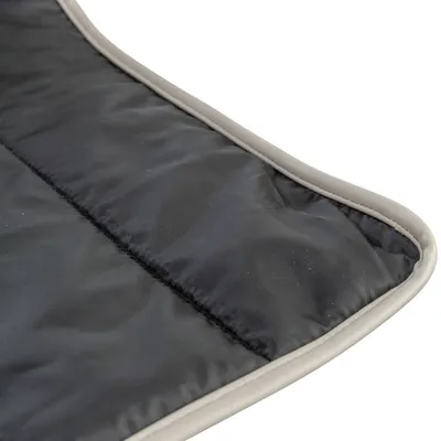 Nahaufnahme einer schwarzen, gepolsterten Matte mit weissem Rand. Material sichtbar: Stoff und Kunstleder.