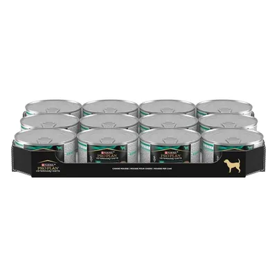 Purina Pro Plan Veterinary Diets, pachet cu 12 conserve de hrană pentru câini. Ambalaj negru cu simbol de câine și numele produsului vizibil.