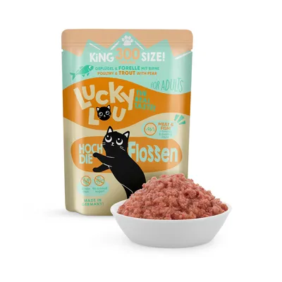 Lucky Lou Katzenfutter für Erwachsene, Geflügel & Forelle mit Birne, 300g. 96% Fleisch & Fisch, ohne Getreide und Zuckerzusatz. Made in Germany.