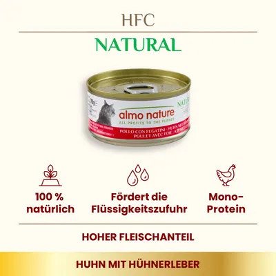 Almo Nature HFC Natural, Huhn mit Hühnereleber. 100% natürlich, fördert die Flüssigkeitszufuhr, Mono-Protein, hoher Fleischanteil.