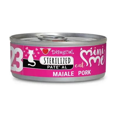 Disugual Mini Me Sterilized Pate' al Maiale Pork, Katzenfutter in rosa Dose mit Herz- und Katzenmotiv.