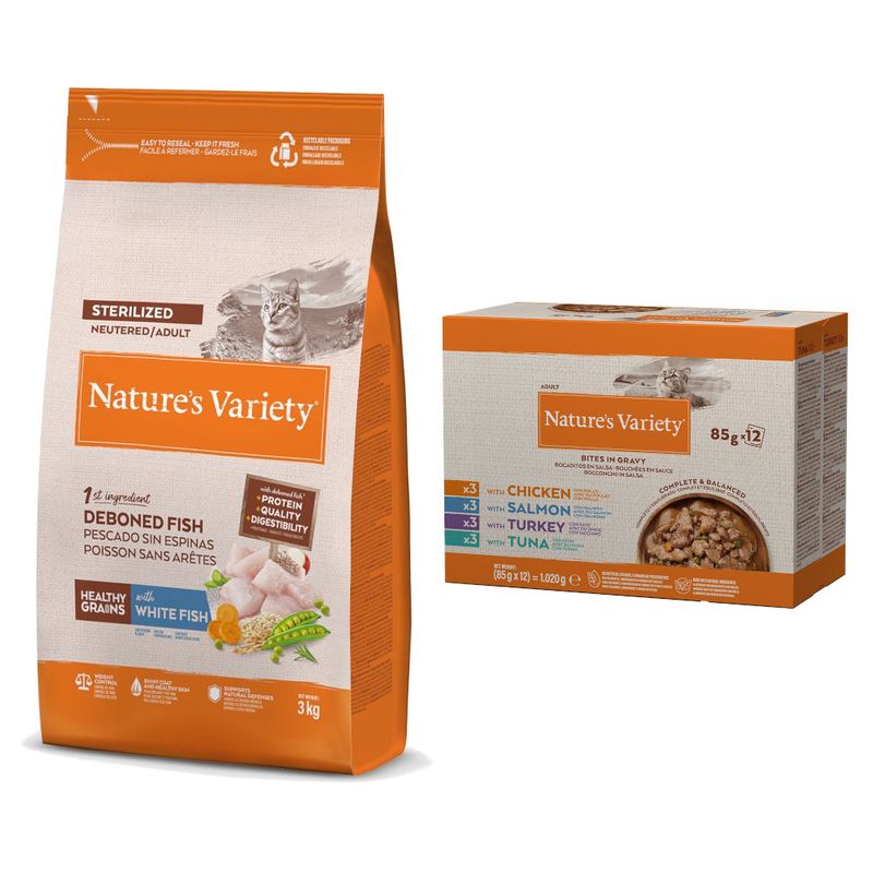 Nature's Variety: сухой корм для кошек, 3 кг + Bites в соусе, 12 x 85 г в подарок!