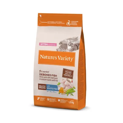 Nature's Variety Katzenfutter für Kitten (0-12 Monate), Hauptzutat entgräteter Fisch, mit gesunden Körnern und Weissfisch, 1,25 kg Packung.