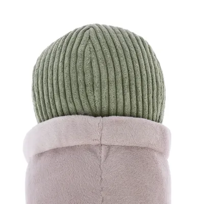 Jouet pour animal en tissu côtelé vert et peluche beige, forme cylindrique avec extrémité arrondie. Aucune marque ou texte visible.