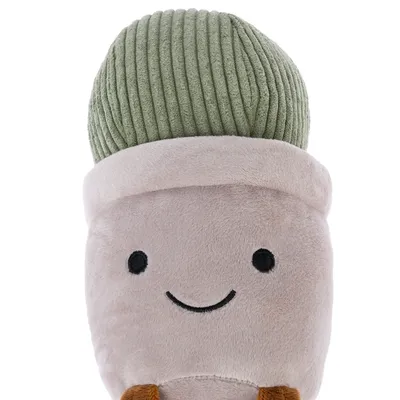 Jouet en peluche pour animaux en forme de pot avec visage souriant brodé, partie supérieure verte côtelée et base beige douce, détails marron visibles en bas.