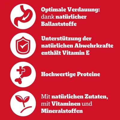 Optimale Verdauung dank natürlicher Ballaststoffe, Unterstützung der Abwehrkräfte mit Vitamin E, hochwertige Proteine, natürliche Zutaten mit Vitaminen und Mineralstoffen.
