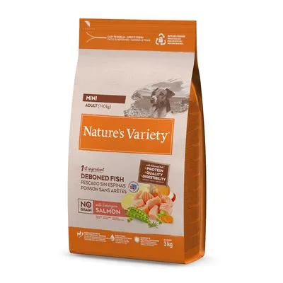 Nature's Variety Mini Adult (1–10 kg) hondenvoer, 1e ingrediënt deboned fish, met zalm, graanvrij, 3 kg. Claims: hoge eiwitkwaliteit en verteerbaarheid.