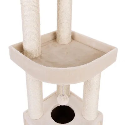 Kratzbaum mit beigem Plüschbezug, Sisal umwickelte Säulen, Plattform oben, Höhle unten und hängendem Spielball.