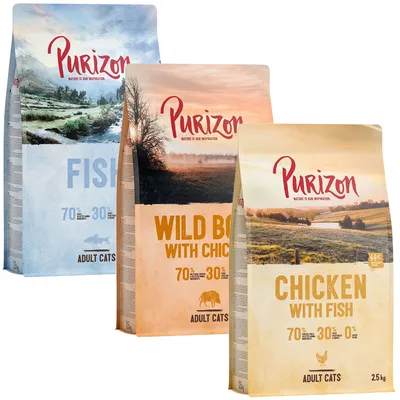 Purizon alimento secco per gatti adulti in tre varianti: Fish, Wild Boar with Chicken e Chicken with Fish. 70% carne e pesce, 30% verdure, 0% cereali. Confezione da 2,5 kg.