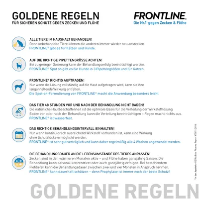 Goldene Regeln für sicheren Schutz gegen Zecken und Flöhe mit Anwendungstipps für Frontline-Produkte: Pipettengröße, Auftragung, Badehinweise, Behandlungsintervalle und Anpassung an Lebensumstände.