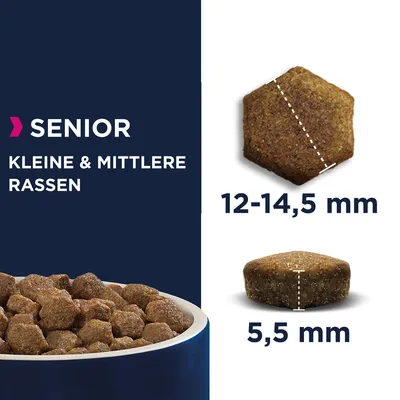 Croquettes SENIOR pour petites et moyennes races, dimensions visibles : 12–14,5 mm de large, 5,5 mm d’épaisseur. Texte en allemand : KLEINE & MITTLERE RASSEN.