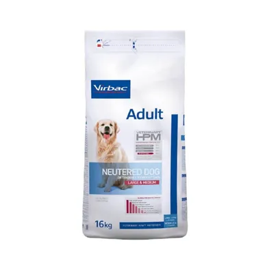 Virbac Adult Neutered Dog Large & Medium, 16 kg. Widoczny wykres i tekst: Veterinary HPM Nutrition. Opakowanie z wizerunkiem psa.