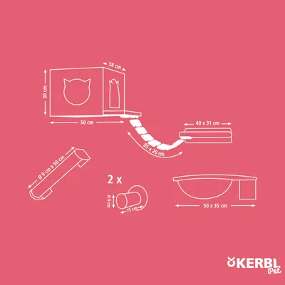 Diagram with product dimensions: cat house 50x38x30 cm, hammock 40x31 cm, rope bridge 85x20 cm, ramp 9x50 cm, tubes 9x15 cm, bowl 50x35 cm. Brand Kerbl Pet.