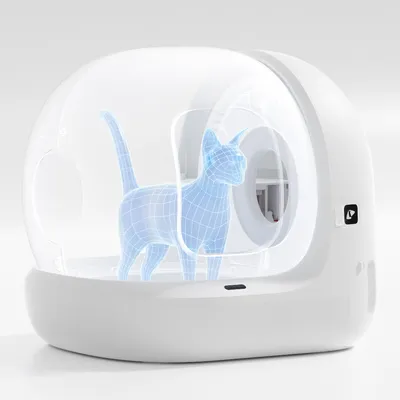Bílá automatická toaleta pro kočky s transparentním designem a holografickým zobrazením kočky uvnitř.