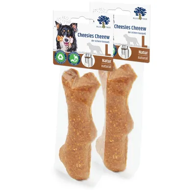 Blue Tree Cheesies Cheeew, der sichere Kauspass, Natur, Grösse L. Verpackung zeigt zwei Kauknochen mit natürlichen Zutaten und Siegel für nachhaltige Herstellung.