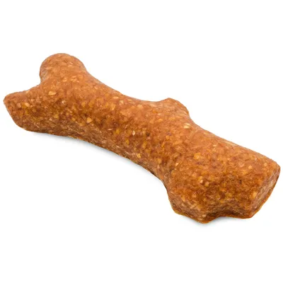 Brauner, knochenförmiger Hundekauartikel mit körniger Textur.