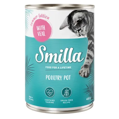 Smilla Poultry Pot Summer Edition with veal, contiene taurina, ricetta senza cereali, 400 g. Immagine di un gatto sulla confezione. Testo in inglese.