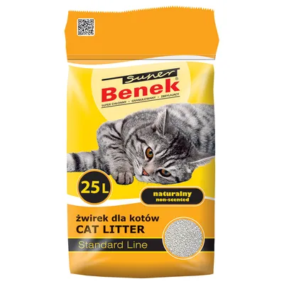 Sac de litière pour chat Super Benek Standard Line, 25L, naturalny non-scented, texte en polonais et anglais, image d’un chat gris allongé sur le devant du paquet.