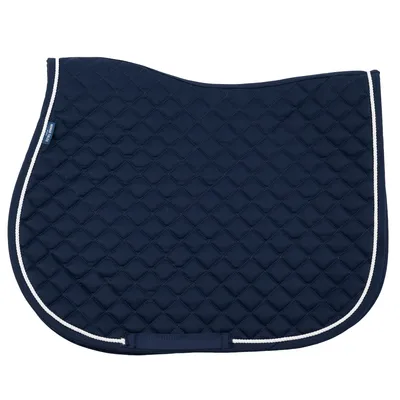 Dunkelblaue, gesteppte Satteldecke mit weisser Umrandung und Labelaufdruck 'TRI EQUESTRIAN'.