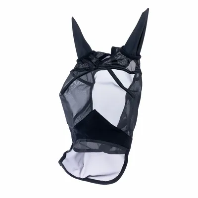 Schwarze Netzmaske mit zwei spitzen Ohren, geeignet für den Kopfbereich. Material aus transparentem Netzstoff und festen Elementen.