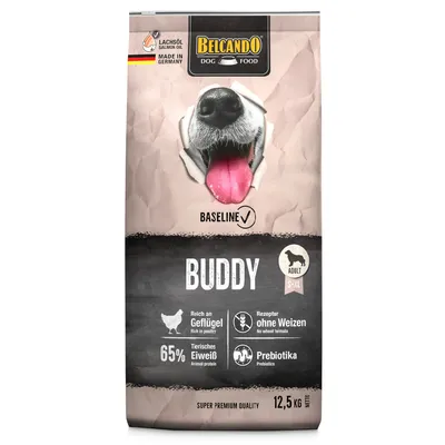 Belcando Dog Food Buddy, Adult S-XL, bohaté na drůbež, receptura bez pšenice, 65 % živočišných bílkovin, s prebiotiky, lososovým olejem, vyrobeno v Německu, 12,5 kg.