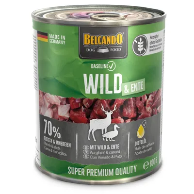 Belcando Dog Food, Made in Germany, Baseline Wild & Duck, 70% meat & offal, grain-free recipe, safflower oil, super premium quality, 800g can.
