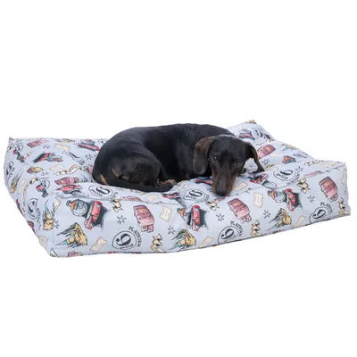 Chien noir allongé sur un grand coussin rectangulaire à motifs colorés (valises, trains, lettres, logos Platform 9 3/4) sur fond blanc.