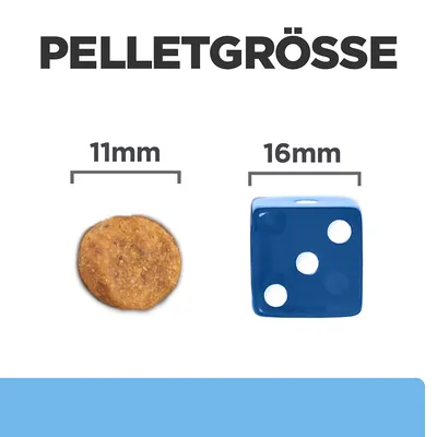 Pelletgrösse dargestellt: links Pellet mit 11mm Durchmesser, rechts blauer Würfel mit 16mm Kantenlänge.