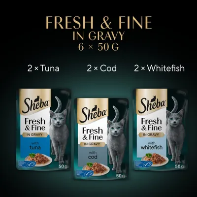 Sheba Fresh & Fine in Gravy Mini Pouches Saver Pack 12 x 50g - Tuna, Cod & Whitefish in Gravy