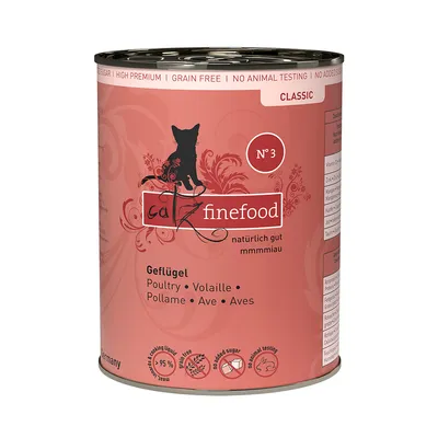 Konzerva catz finefood No. 3 Classic, Geflügel. Text: natülich gut mmmmiau, Poultry, Volaille, Pollame, Ave, Aves. Ikony: >95 % masa, bez přidaného cukru, netestováno na zvířatech.