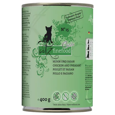 catz finefood Classic N°15 Huhn und Fasan, 400 g dåse. Tekst: Improved Recipe, nu uden ris. Ikoner for kylling, fasan og ingredienser synlige på grøn baggrund.