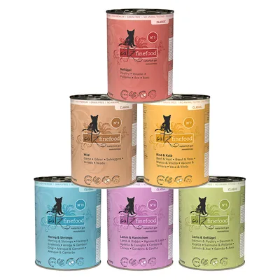catz finefood Classic Nassfutter, Sorten: Geflügel, Wild, Rind & Kalb, Hering & Shrimps, Lamm & Kaninchen, Lachs & Geflügel. Ohne Getreide, keine Tierversuche.