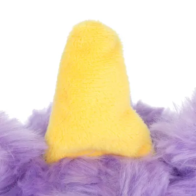 Jouet en peluche jaune et violet, matière textile douce, sans marque visible ni texte apparent.