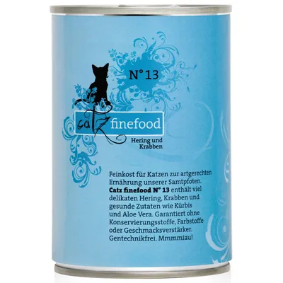 Catz finefood N° 13 Hering und Krabben -kissanruokapurkki. Teksti saksaksi: sisältää silakkaa, rapuja, kurpitsaa ja aloe veraa. Ei säilöntä-, väri- tai makuaineita. Gentechfrei.