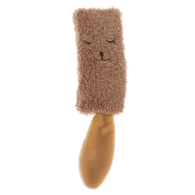 Juguete de peluche marrón con cara bordada y cola larga y suave. Adecuado para mascotas para jugar o acurrucarse.